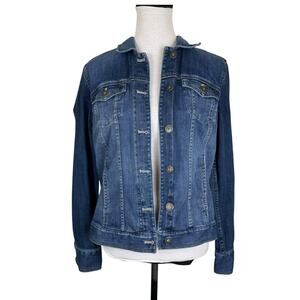 Eddie Bauer Women's Y2K Dark Wash Denim Button Front Trucker Jean Jacket